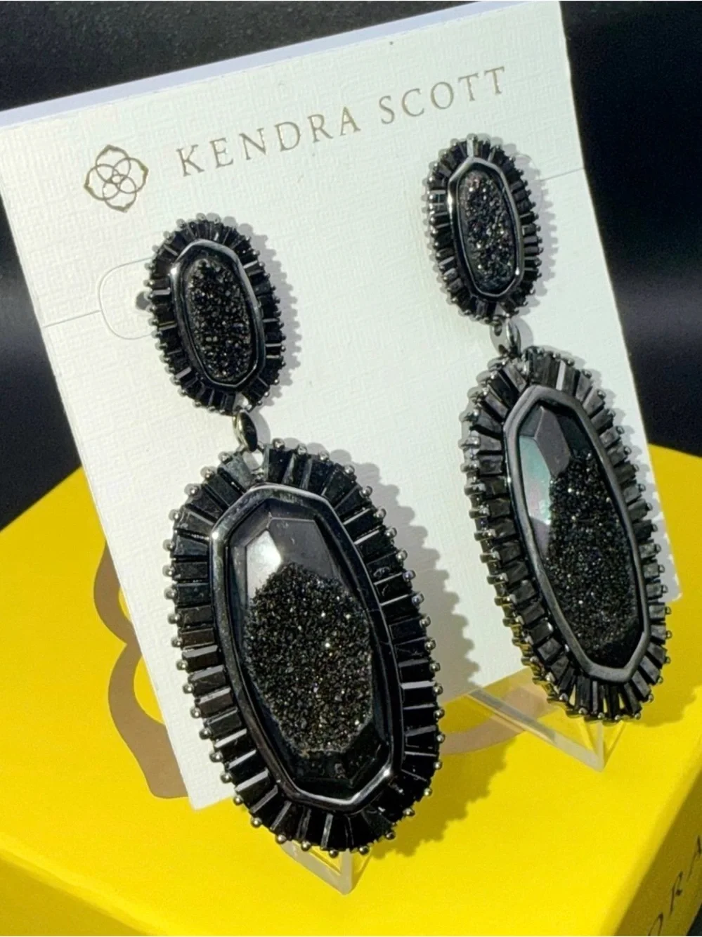 Kendra Scott Black Drusy Statement Earrings Gold Rare Retired Luxe Glam Bold - Picture 4 of 8
